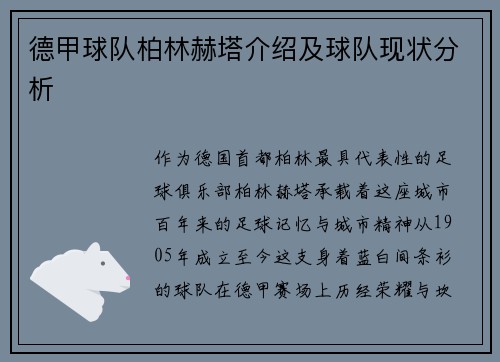 德甲球队柏林赫塔介绍及球队现状分析